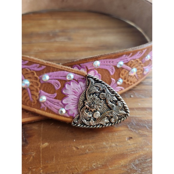 Hand Tooled &‎ Painted Leather Belt AB Swarovski Iridescent Crystals Custom M/L - Picture 4 of 14